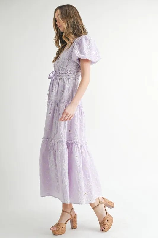 MABLE Eyelet Lace Puff Sleeve V Neck Midi Dress - VeauBeauty