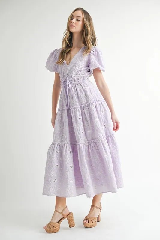MABLE Eyelet Lace Puff Sleeve V Neck Midi Dress - VeauBeauty