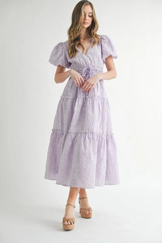 MABLE Eyelet Lace Puff Sleeve V Neck Midi Dress - VeauBeauty