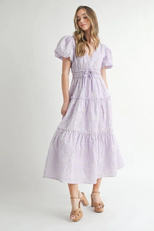MABLE Eyelet Lace Puff Sleeve V Neck Midi Dress - VeauBeauty