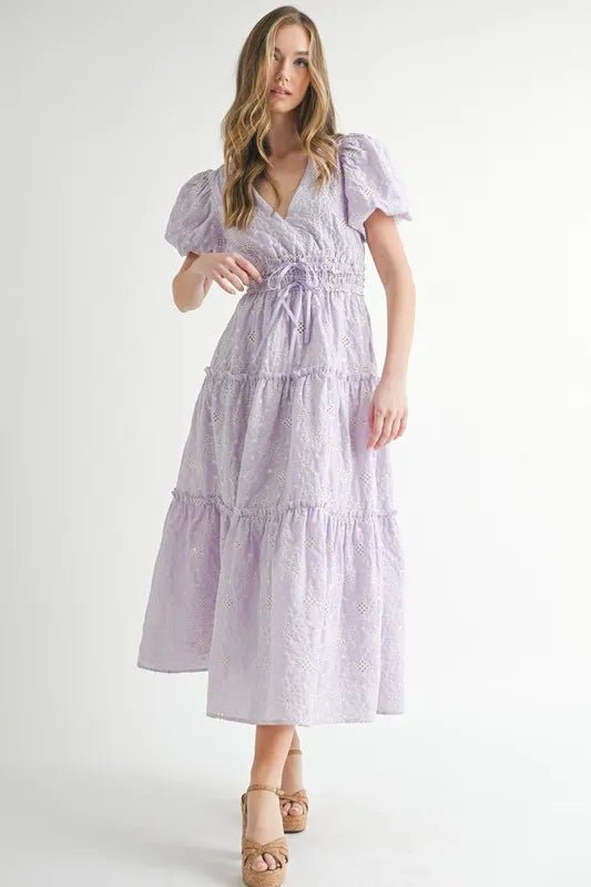 MABLE Eyelet Lace Puff Sleeve V Neck Midi Dress - VeauBeauty
