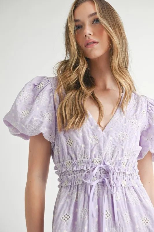 MABLE Eyelet Lace Puff Sleeve V Neck Midi Dress - VeauBeauty