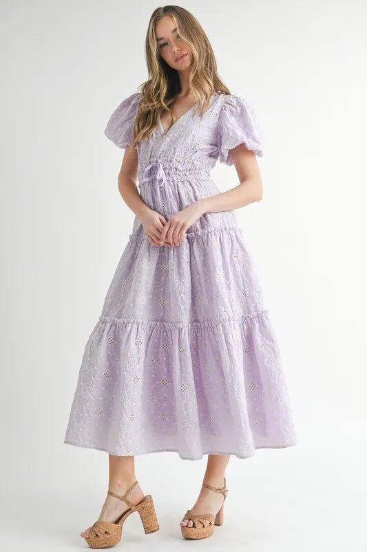 MABLE Eyelet Lace Puff Sleeve V Neck Midi Dress - VeauBeauty
