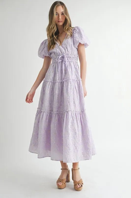 MABLE Eyelet Lace Puff Sleeve V Neck Midi Dress - VeauBeauty