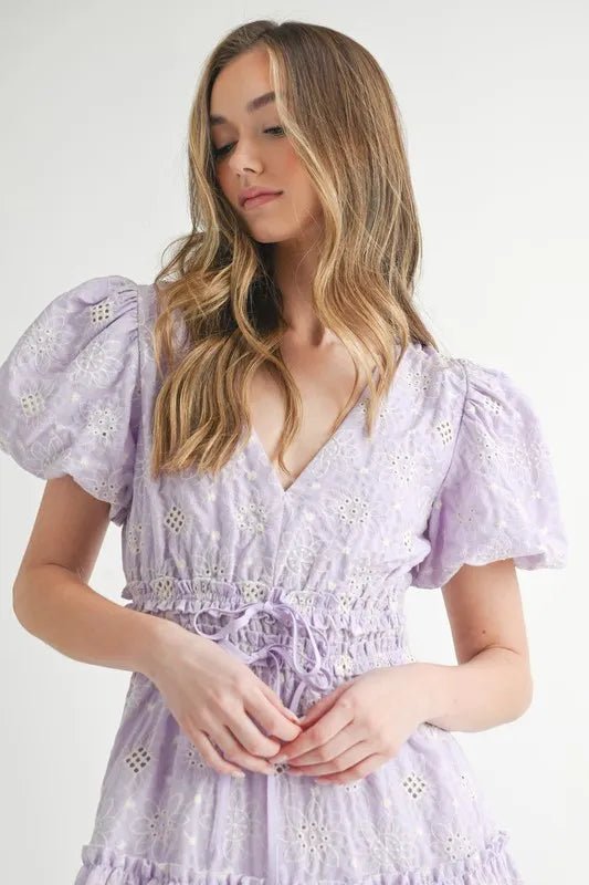 MABLE Eyelet Lace Puff Sleeve V Neck Midi Dress - VeauBeauty