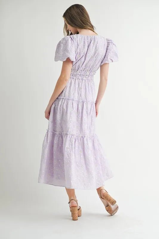 MABLE Eyelet Lace Puff Sleeve V Neck Midi Dress - VeauBeauty