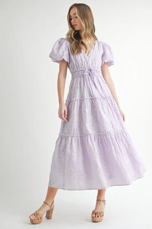 MABLE Eyelet Lace Puff Sleeve V Neck Midi Dress - VeauBeauty