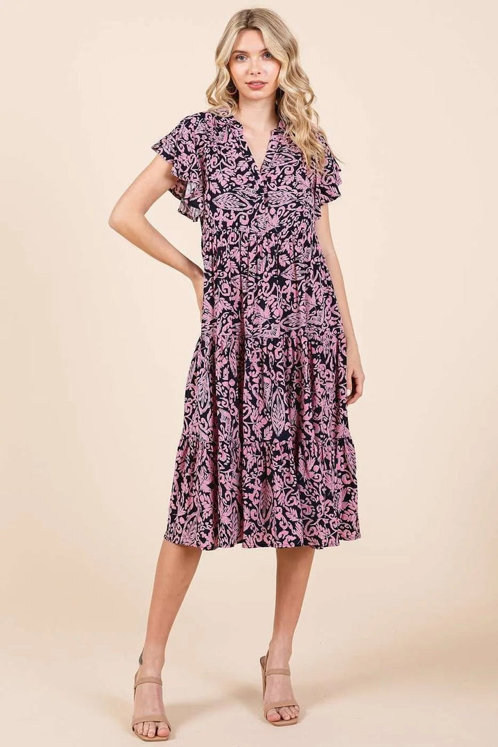 Mittoshop Abstract Print Ruffle Tier Midi Dress - VeauBeauty