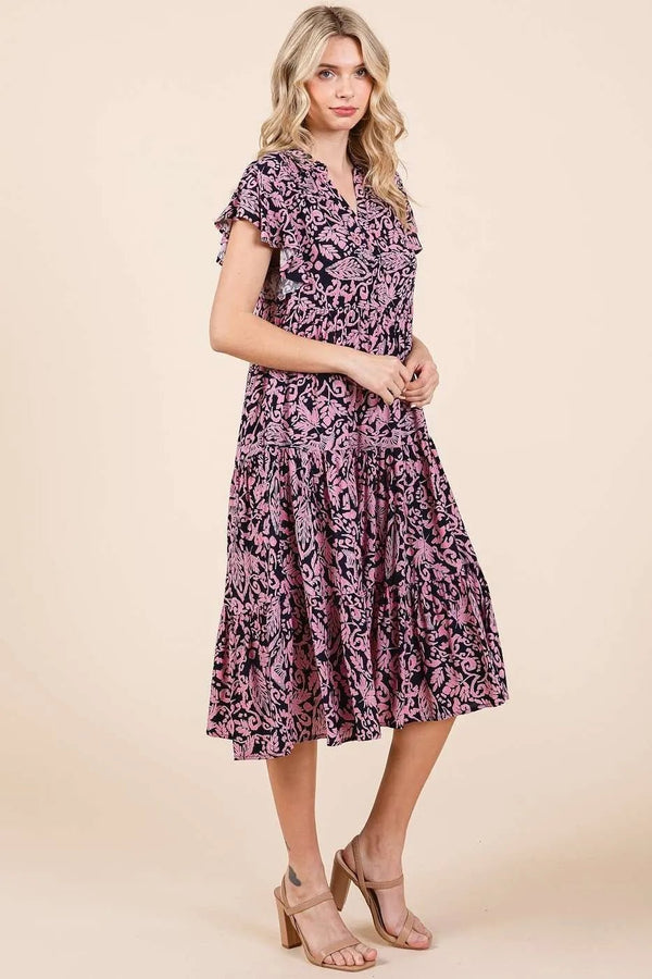 Mittoshop Abstract Print Ruffle Tier Midi Dress - VeauBeauty