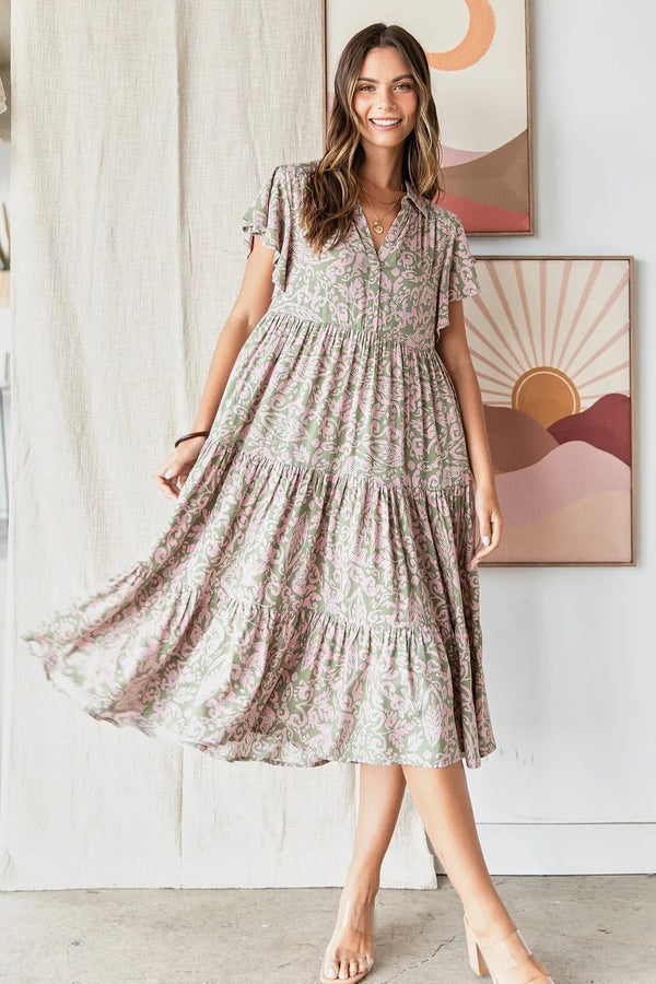 Mittoshop Abstract Print Ruffle Tier Midi Dress - VeauBeauty