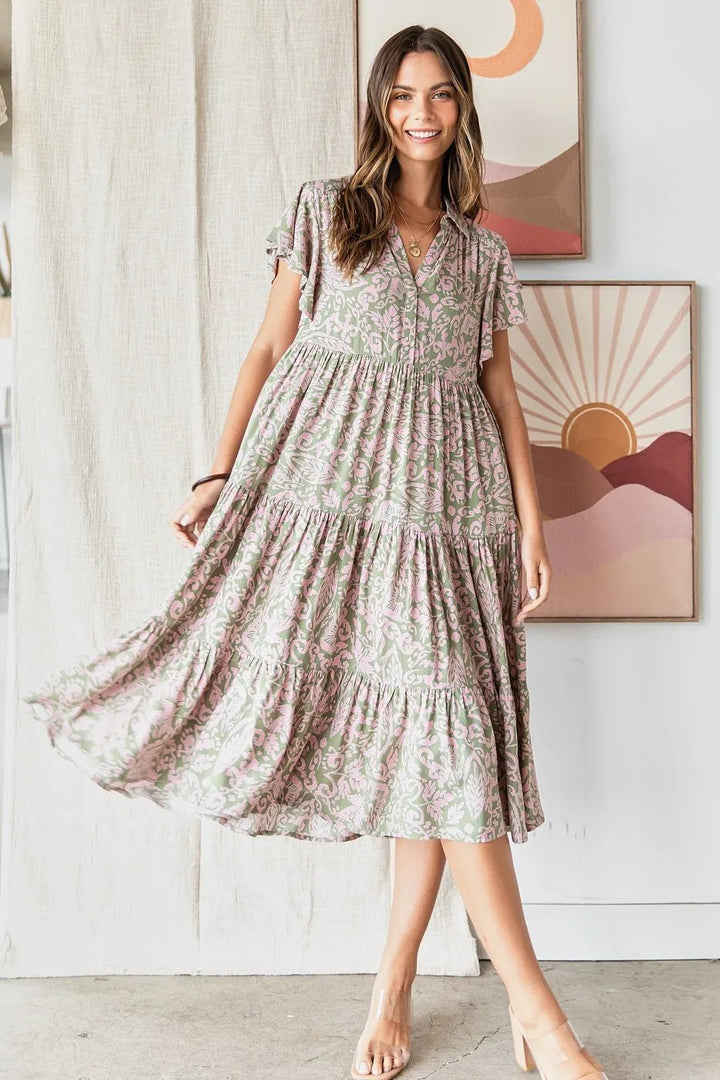 Mittoshop Abstract Print Ruffle Tier Midi Dress - VeauBeauty