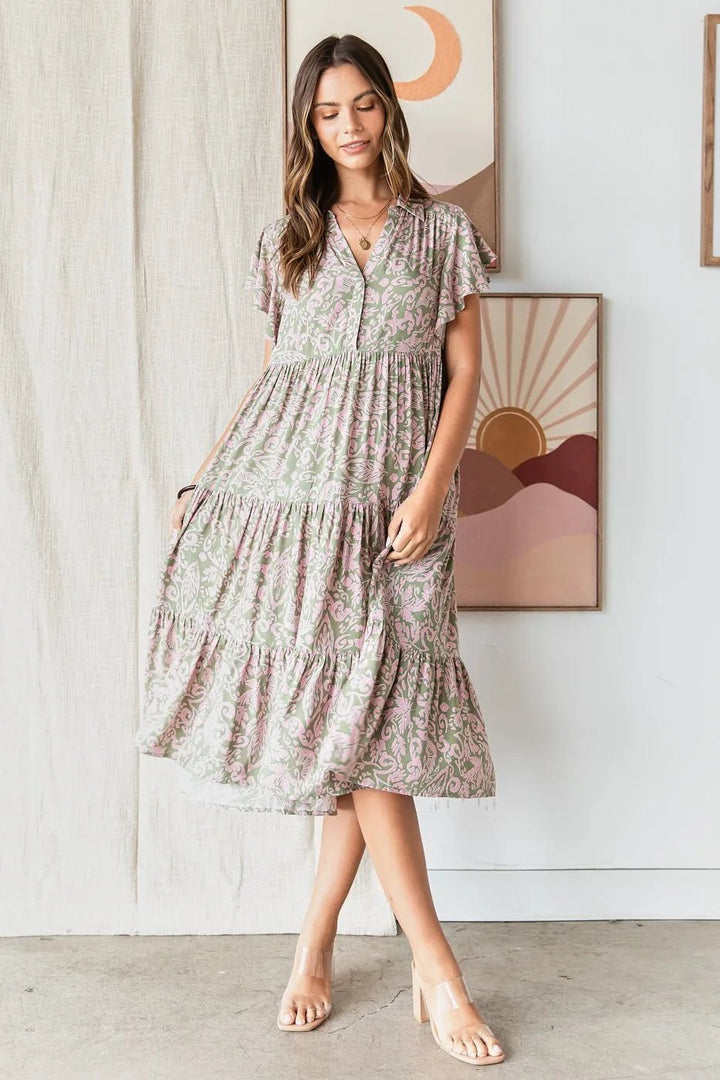 Mittoshop Abstract Print Ruffle Tier Midi Dress - VeauBeauty