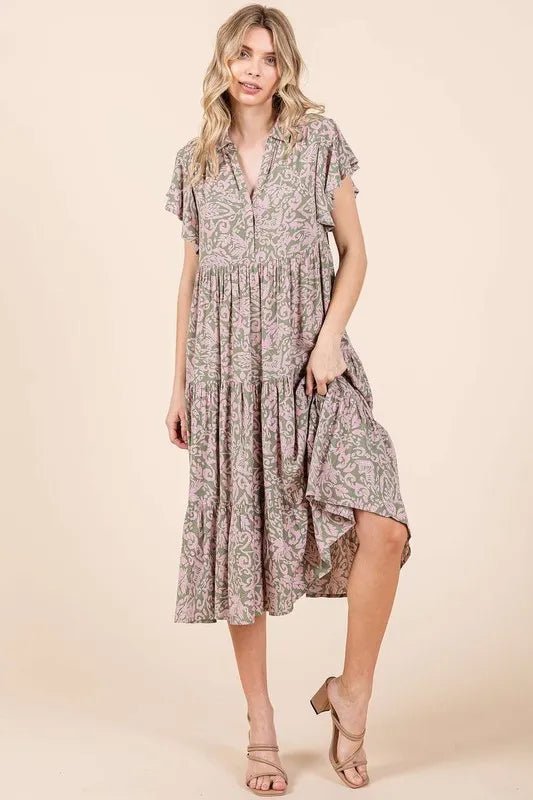Mittoshop Abstract Print Ruffle Tier Midi Dress - VeauBeauty