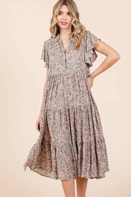 Mittoshop Abstract Print Ruffle Tier Midi Dress - VeauBeauty