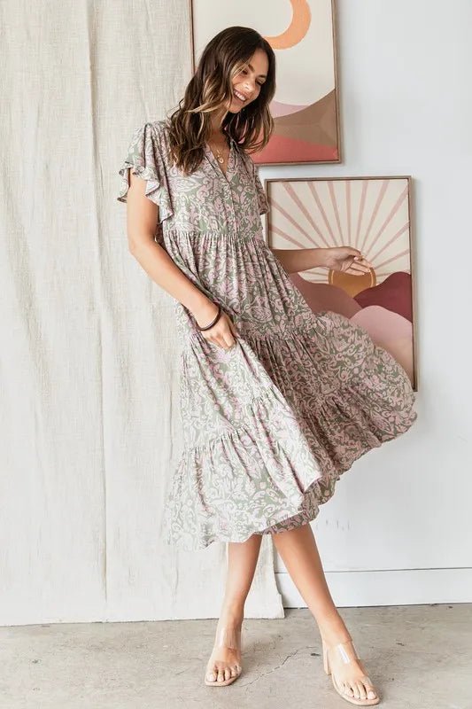 Mittoshop Abstract Print Ruffle Tier Midi Dress - VeauBeauty