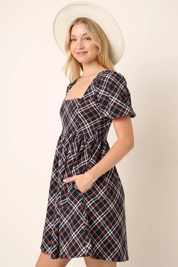 Mittoshop Checkered Print Puff Sleeve Babydoll Mini Dress - VeauBeauty