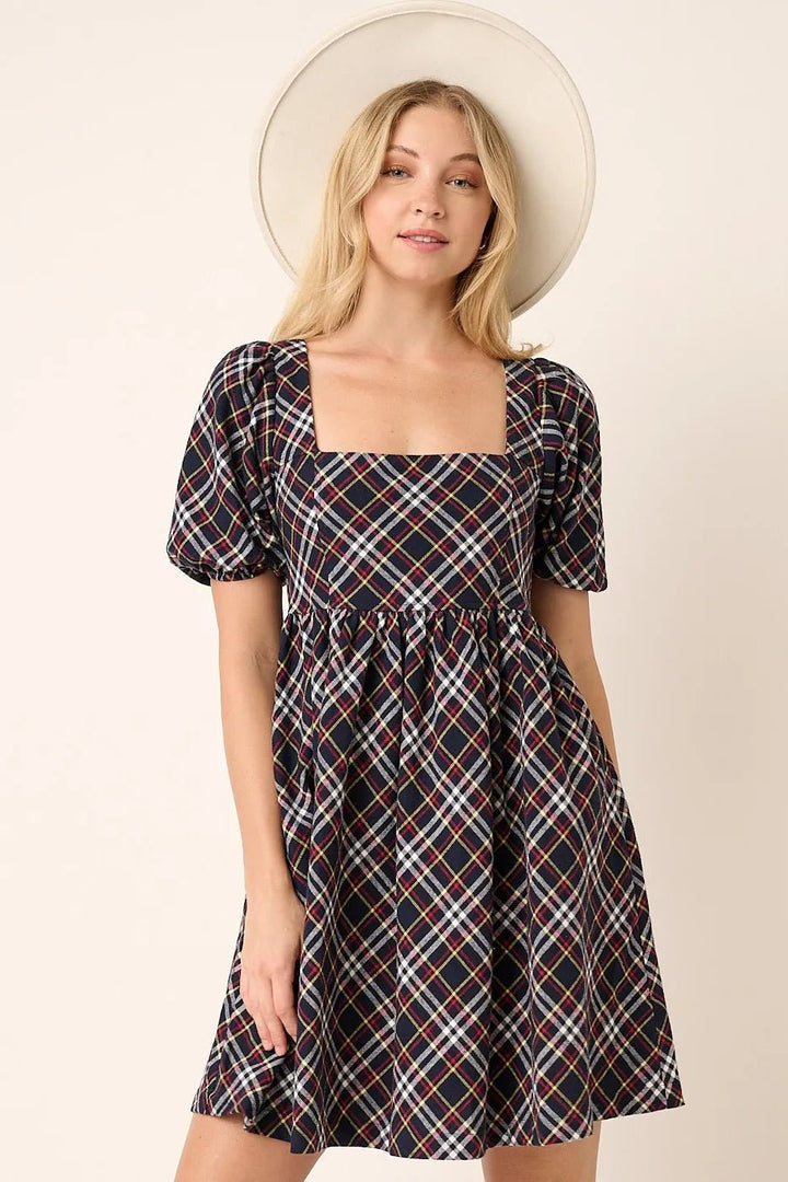 Mittoshop Checkered Print Puff Sleeve Babydoll Mini Dress - VeauBeauty