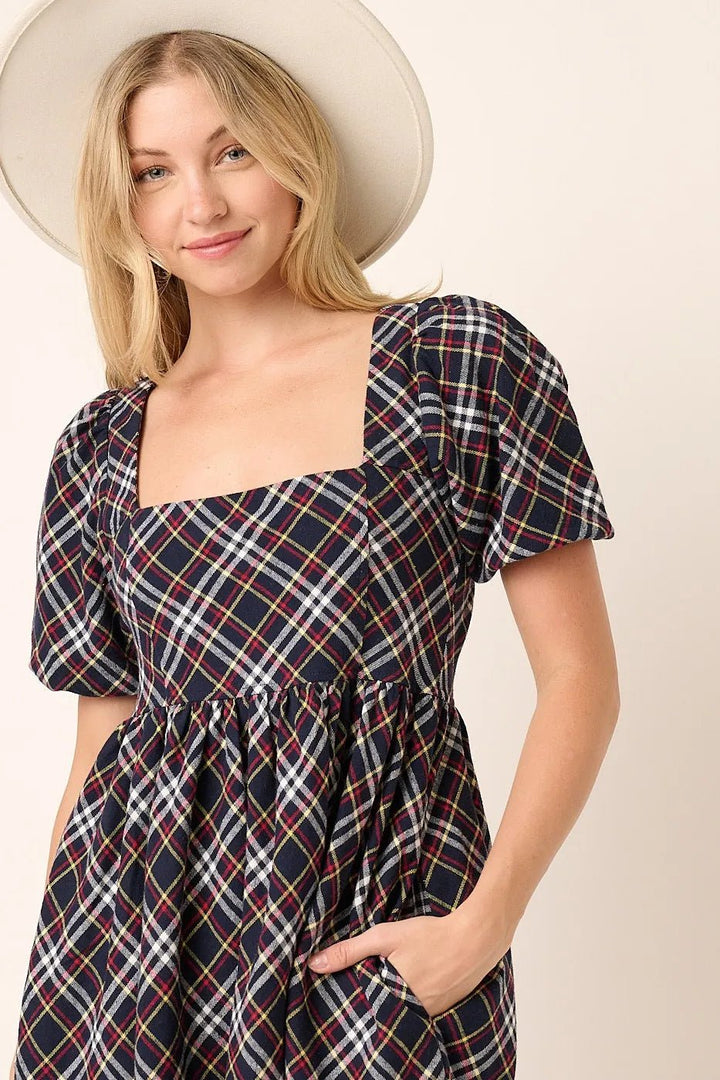 Mittoshop Checkered Print Puff Sleeve Babydoll Mini Dress - VeauBeauty