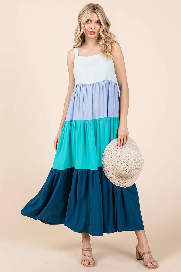 Mittoshop Color Block Tiered Pull - On Maxi Dress - VeauBeauty