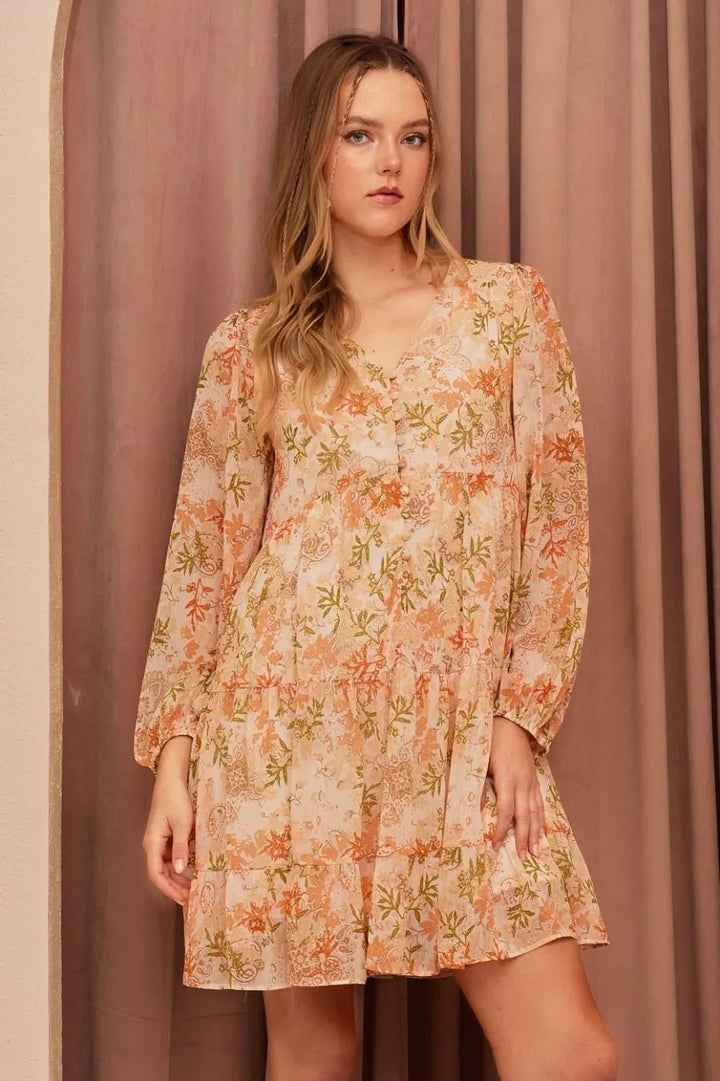 Mittoshop Floral Chiffon Babydoll Long Sleeve Mini Dress - VeauBeauty