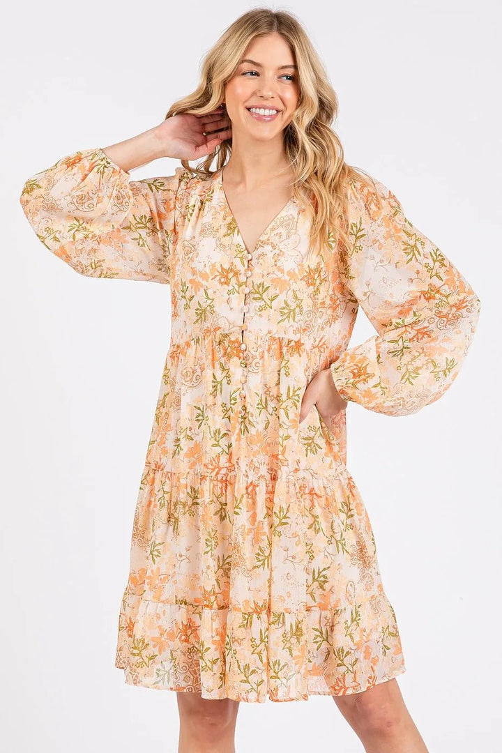 Mittoshop Floral Chiffon Babydoll Long Sleeve Mini Dress - VeauBeauty
