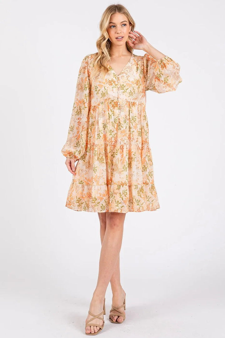 Mittoshop Floral Chiffon Babydoll Long Sleeve Mini Dress - VeauBeauty