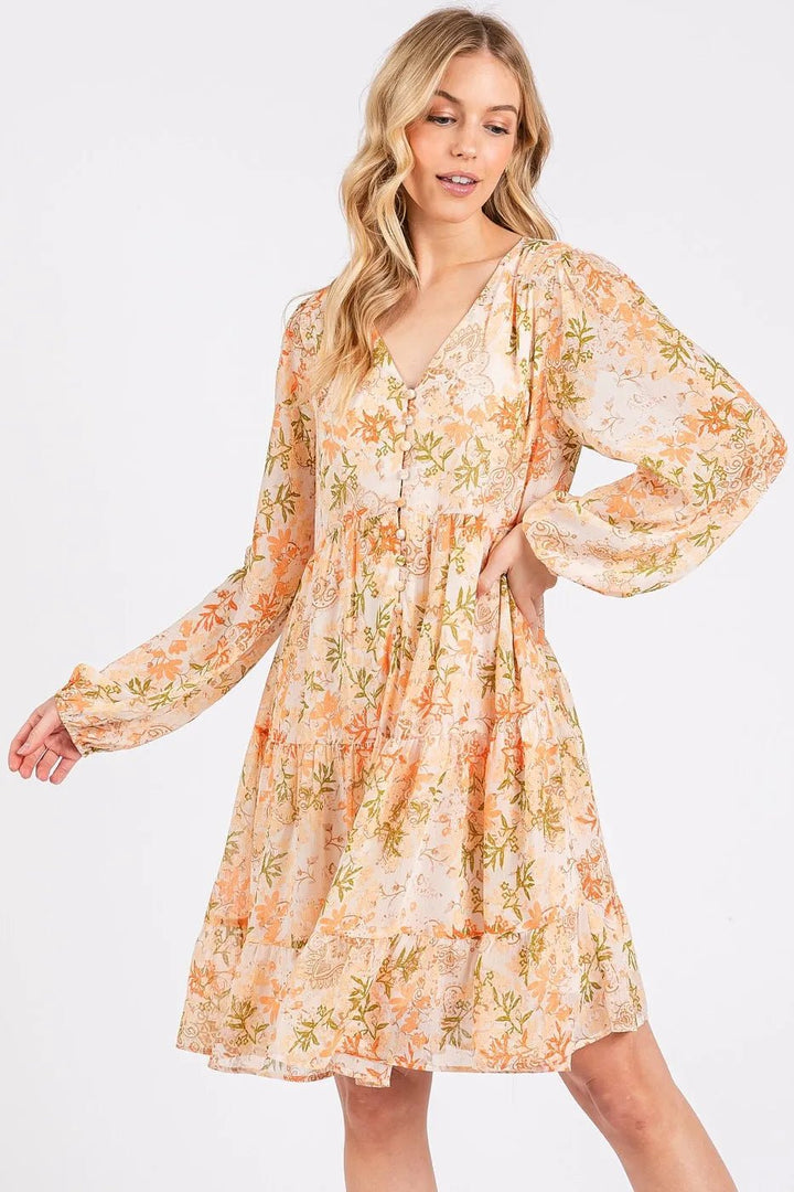 Mittoshop Floral Chiffon Babydoll Long Sleeve Mini Dress - VeauBeauty