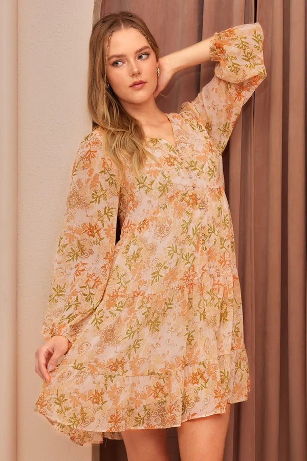Mittoshop Floral Chiffon Babydoll Long Sleeve Mini Dress - VeauBeauty