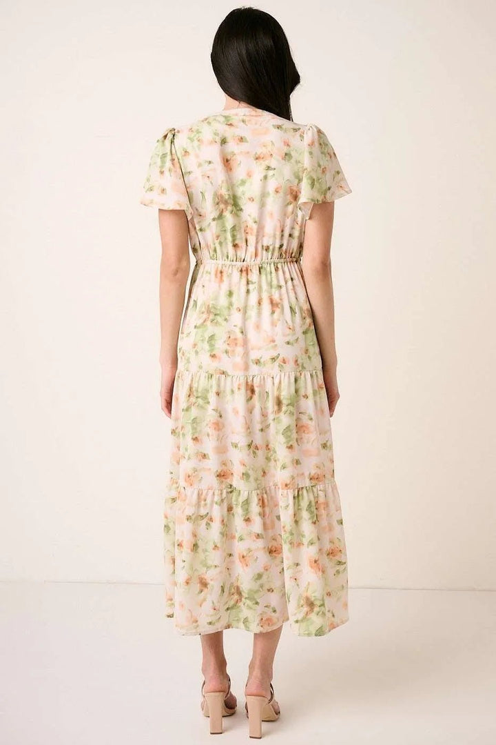 Mittoshop Flower Print Flutter Sleeve V Slit Maxi Dress - VeauBeauty