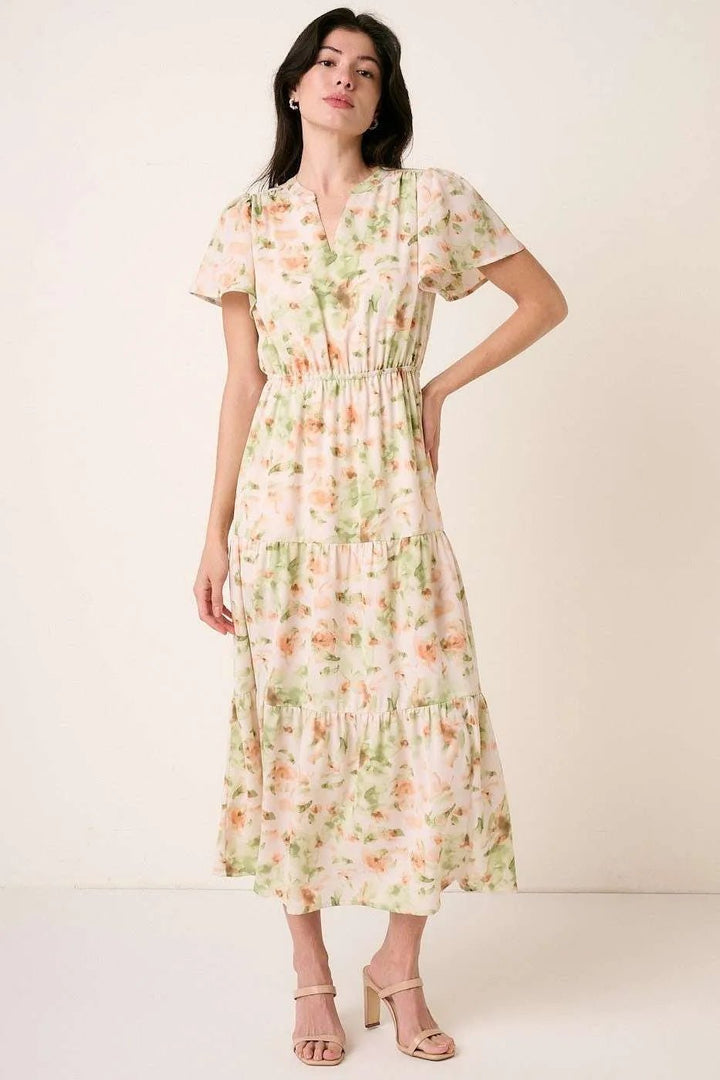 Mittoshop Flower Print Flutter Sleeve V Slit Maxi Dress - VeauBeauty