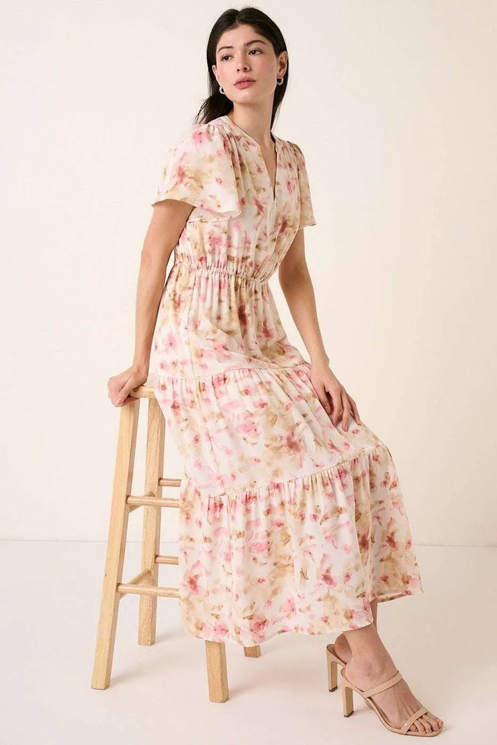 Mittoshop Flower Print Flutter Sleeve V Slit Maxi Dress - VeauBeauty