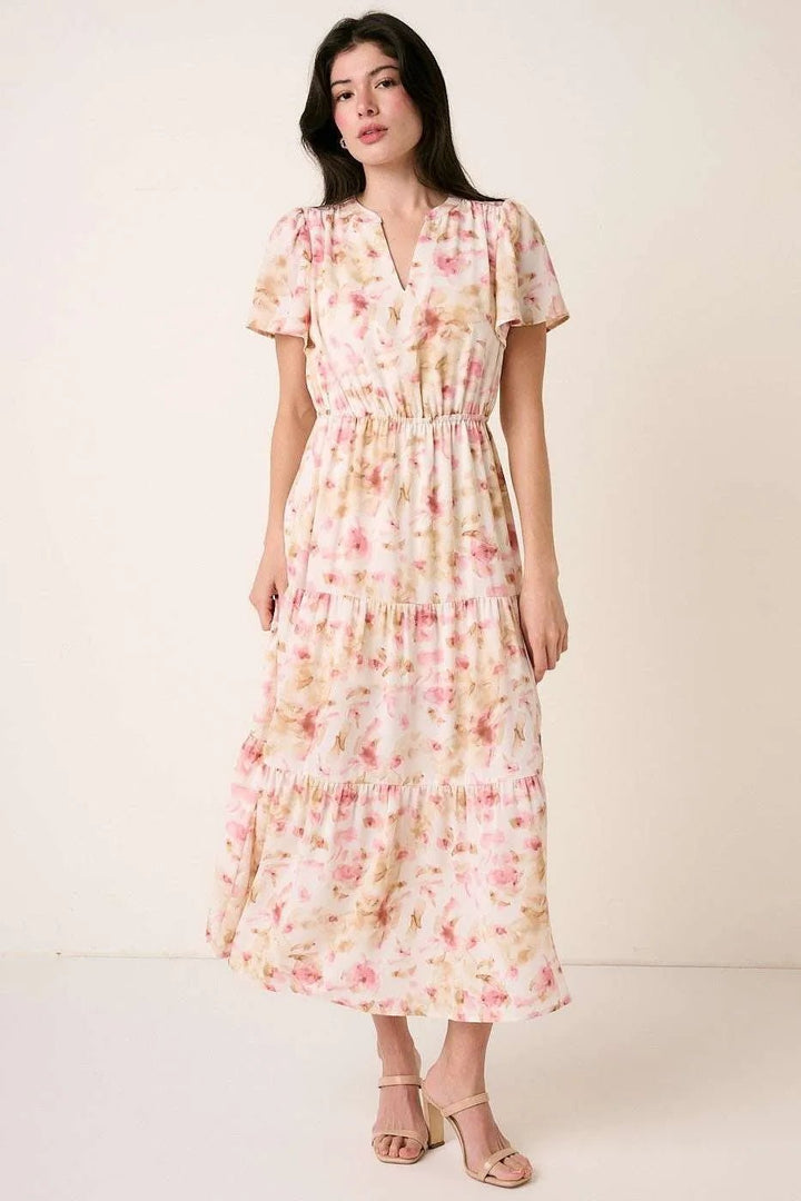 Mittoshop Flower Print Flutter Sleeve V Slit Maxi Dress - VeauBeauty
