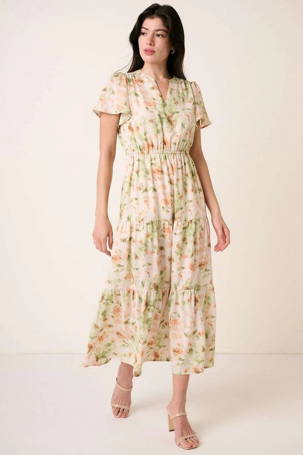 Mittoshop Flower Print Flutter Sleeve V Slit Maxi Dress - VeauBeauty