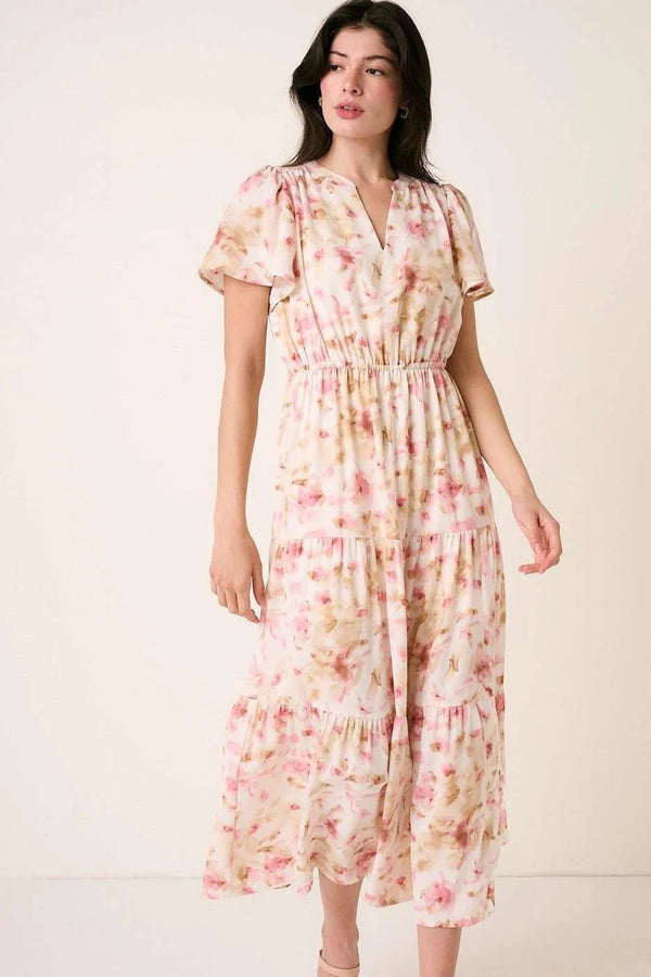 Mittoshop Flower Print Flutter Sleeve V Slit Maxi Dress - VeauBeauty