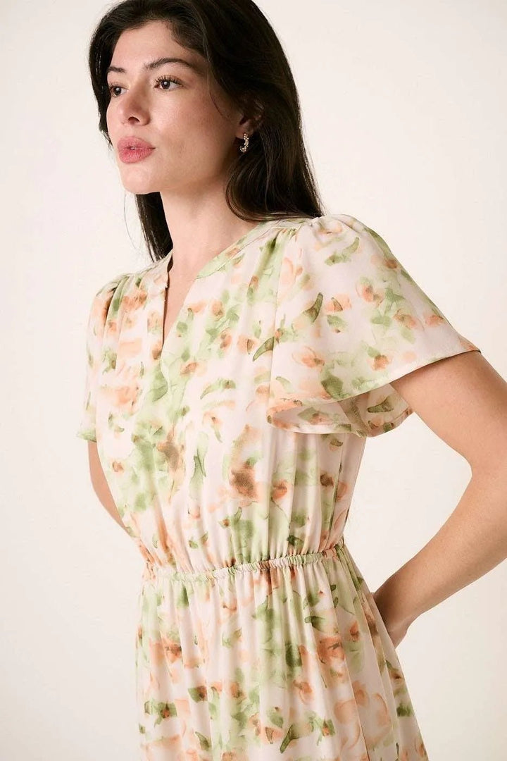 Mittoshop Flower Print Flutter Sleeve V Slit Maxi Dress - VeauBeauty