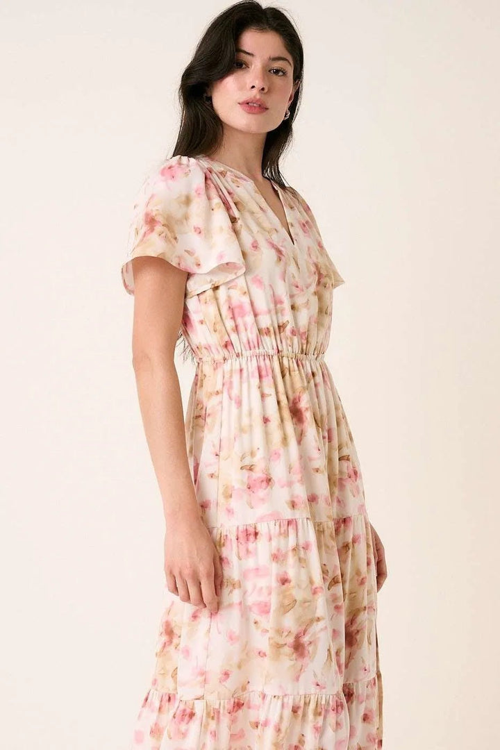 Mittoshop Flower Print Flutter Sleeve V Slit Maxi Dress - VeauBeauty