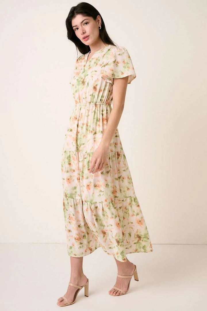 Mittoshop Flower Print Flutter Sleeve V Slit Maxi Dress - VeauBeauty