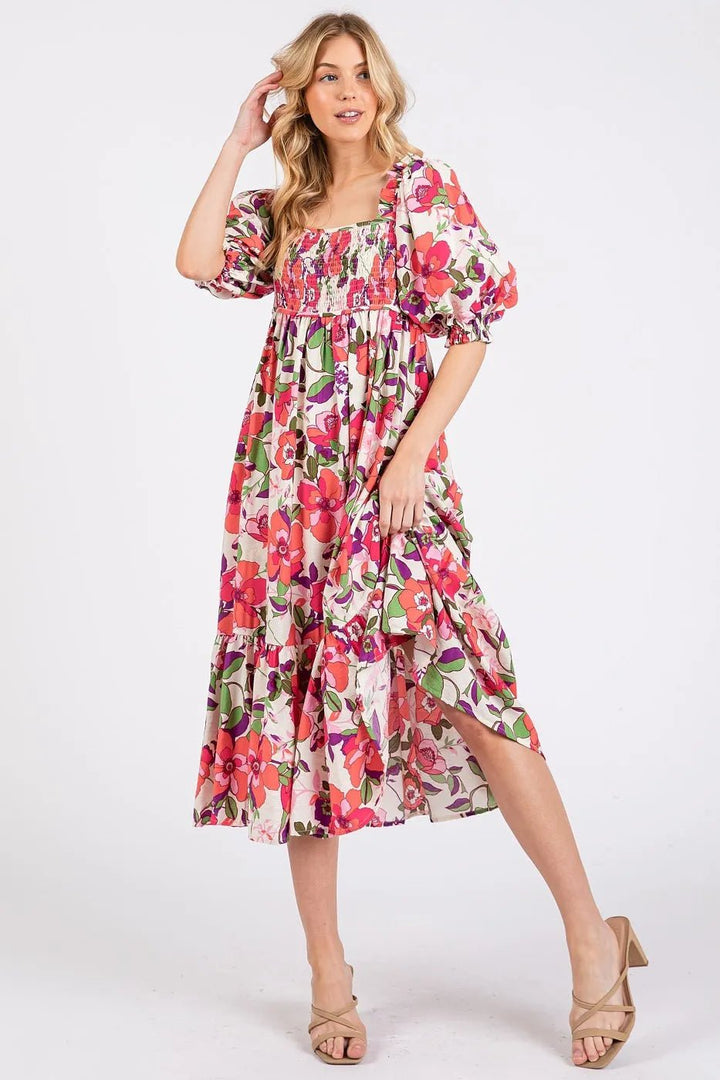 Mittoshop Flower Print Puff Sleeve Ruffle Smocked Midi Dress - VeauBeauty