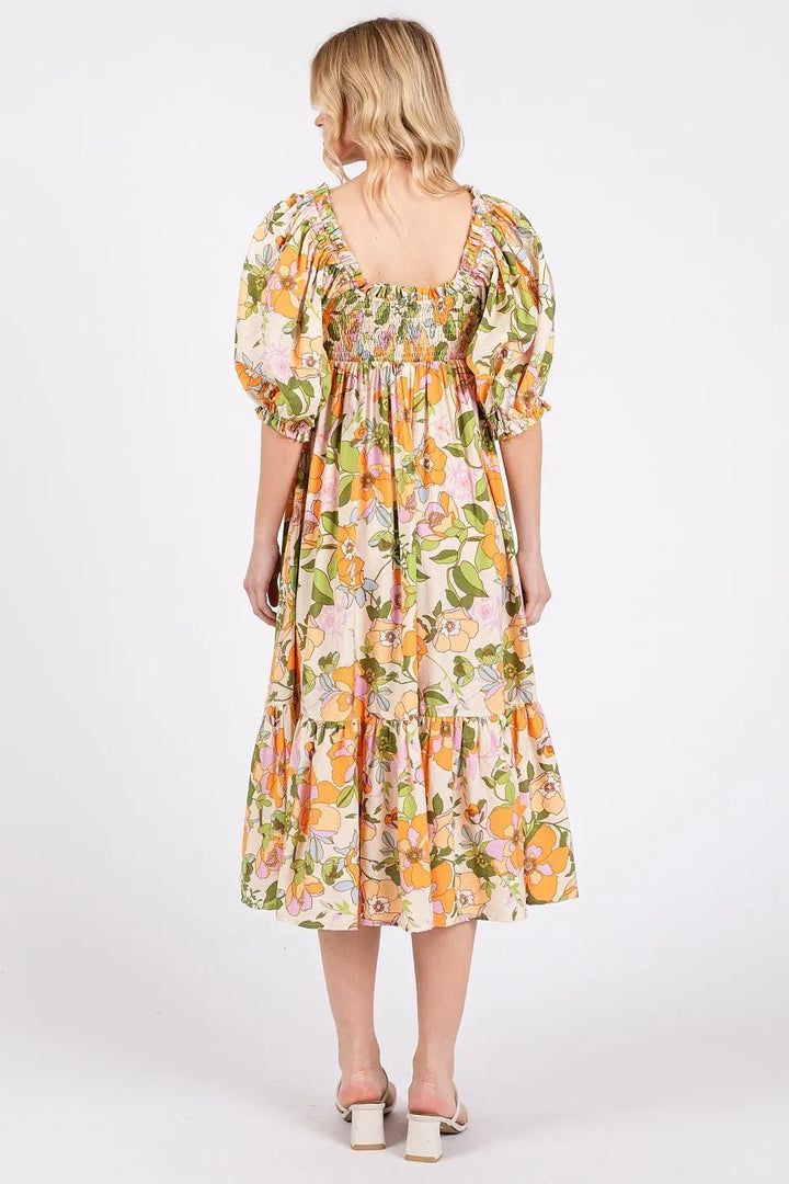Mittoshop Flower Print Puff Sleeve Ruffle Smocked Midi Dress - VeauBeauty