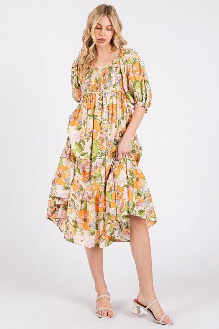 Mittoshop Flower Print Puff Sleeve Ruffle Smocked Midi Dress - VeauBeauty