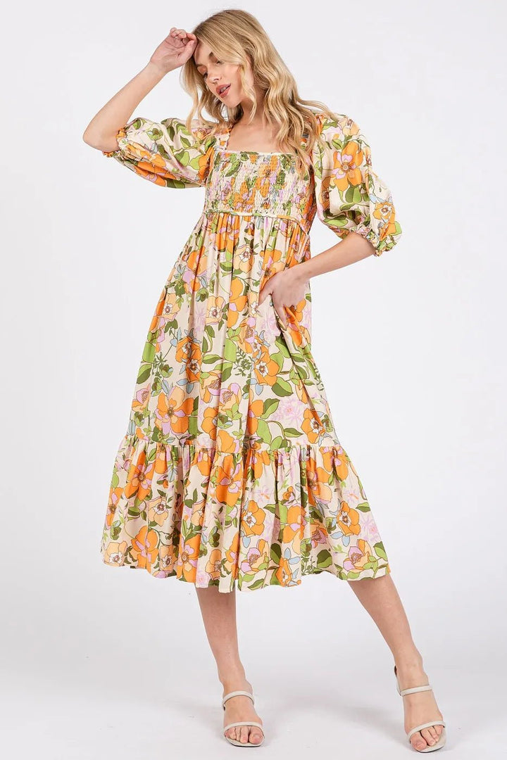 Mittoshop Flower Print Puff Sleeve Ruffle Smocked Midi Dress - VeauBeauty