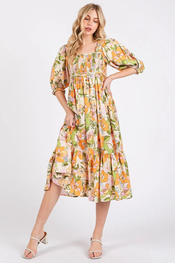 Mittoshop Flower Print Puff Sleeve Ruffle Smocked Midi Dress - VeauBeauty
