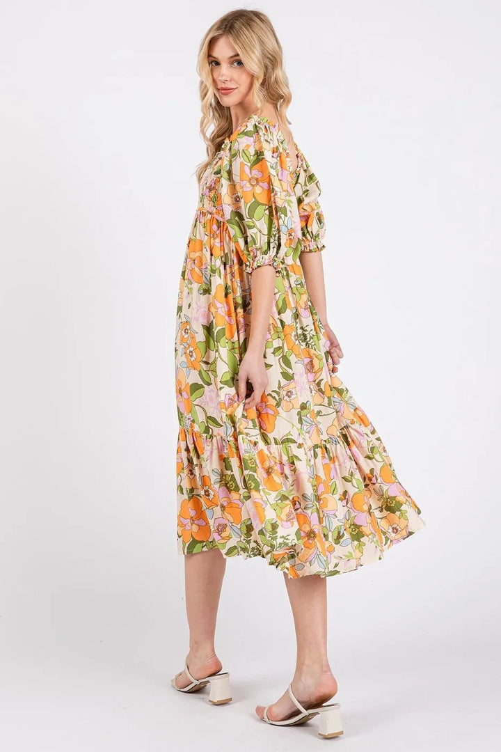 Mittoshop Flower Print Puff Sleeve Ruffle Smocked Midi Dress - VeauBeauty