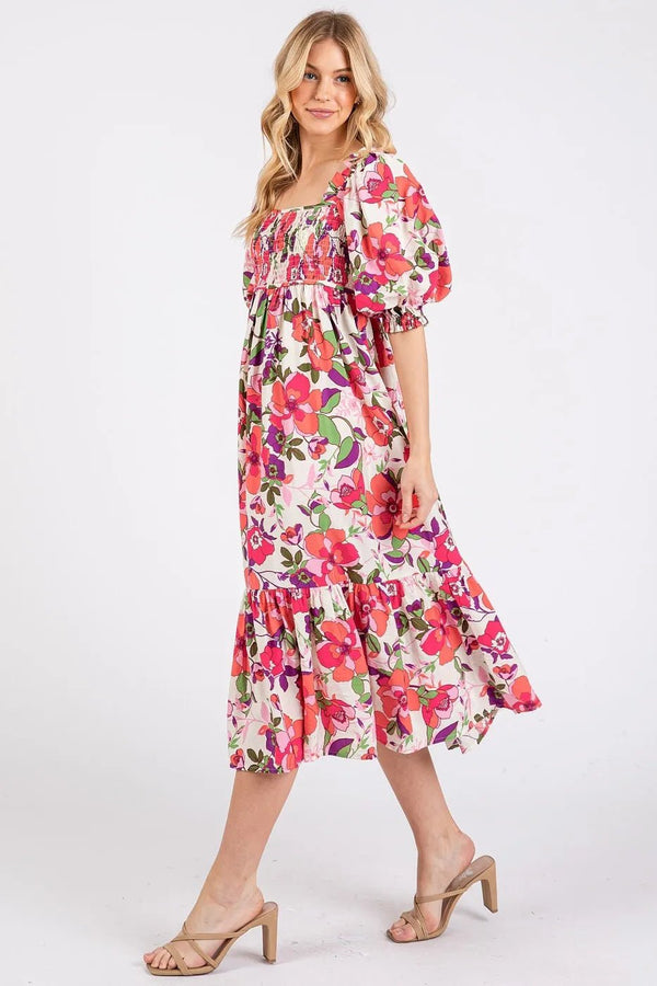 Mittoshop Flower Print Puff Sleeve Ruffle Smocked Midi Dress - VeauBeauty