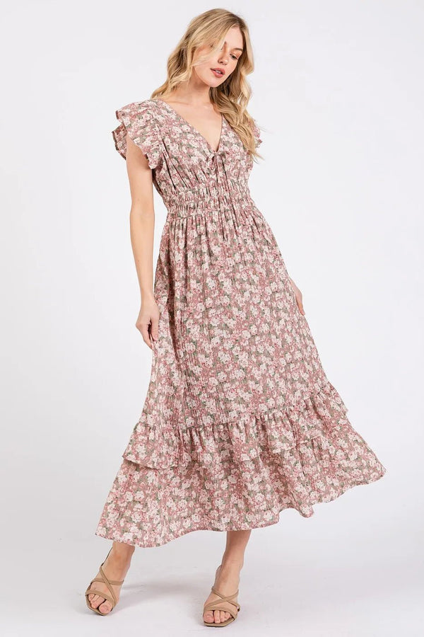 Mittoshop Flower Print Ruffle Cap Sleeve V - neck Midi Dress - VeauBeauty