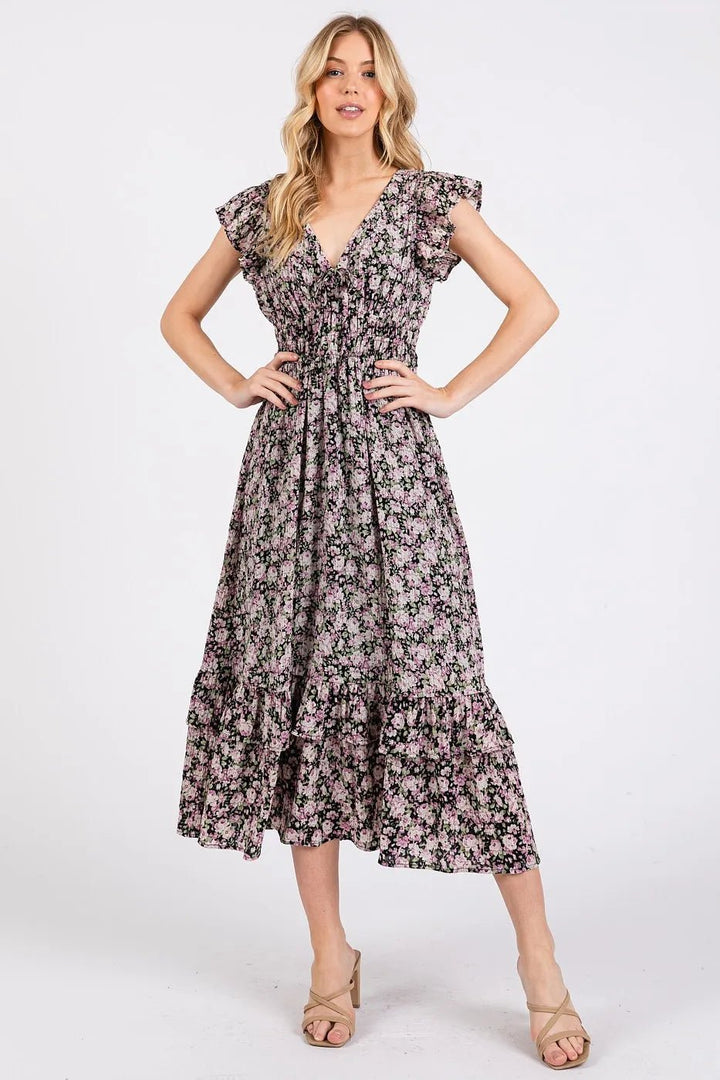 Mittoshop Flower Print Ruffle Cap Sleeve V - neck Midi Dress - VeauBeauty
