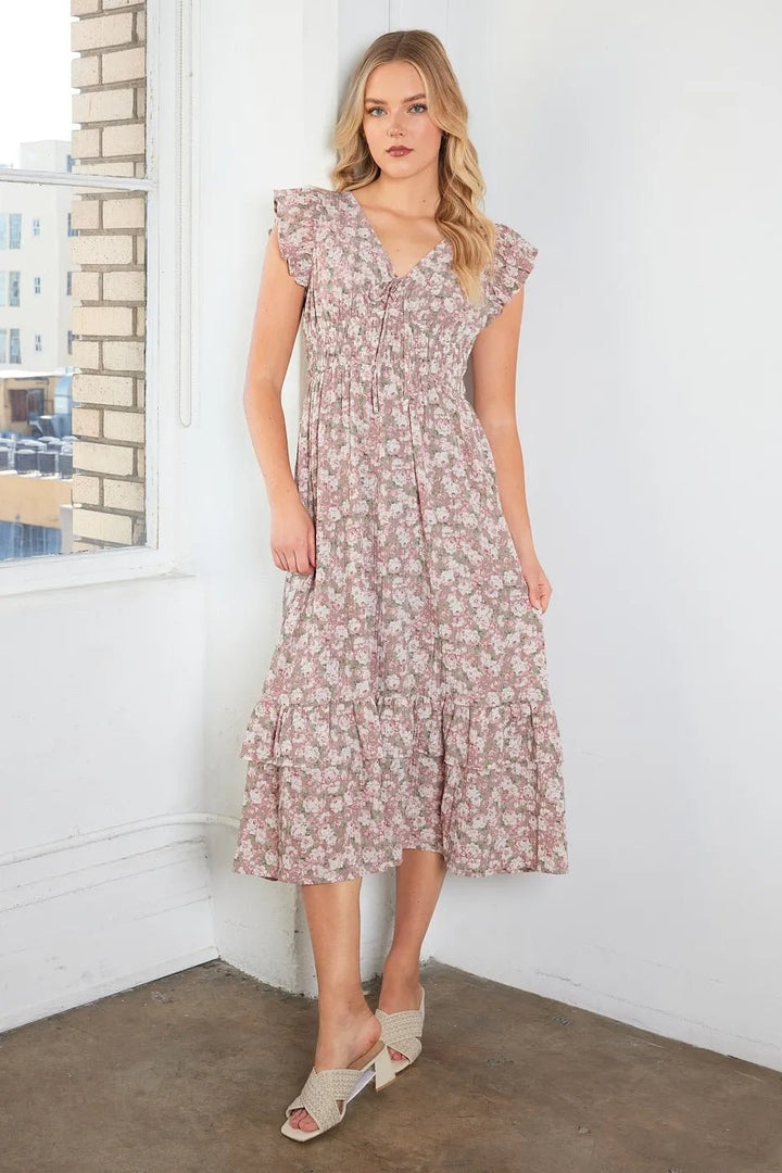 Mittoshop Flower Print Ruffle Cap Sleeve V - neck Midi Dress - VeauBeauty