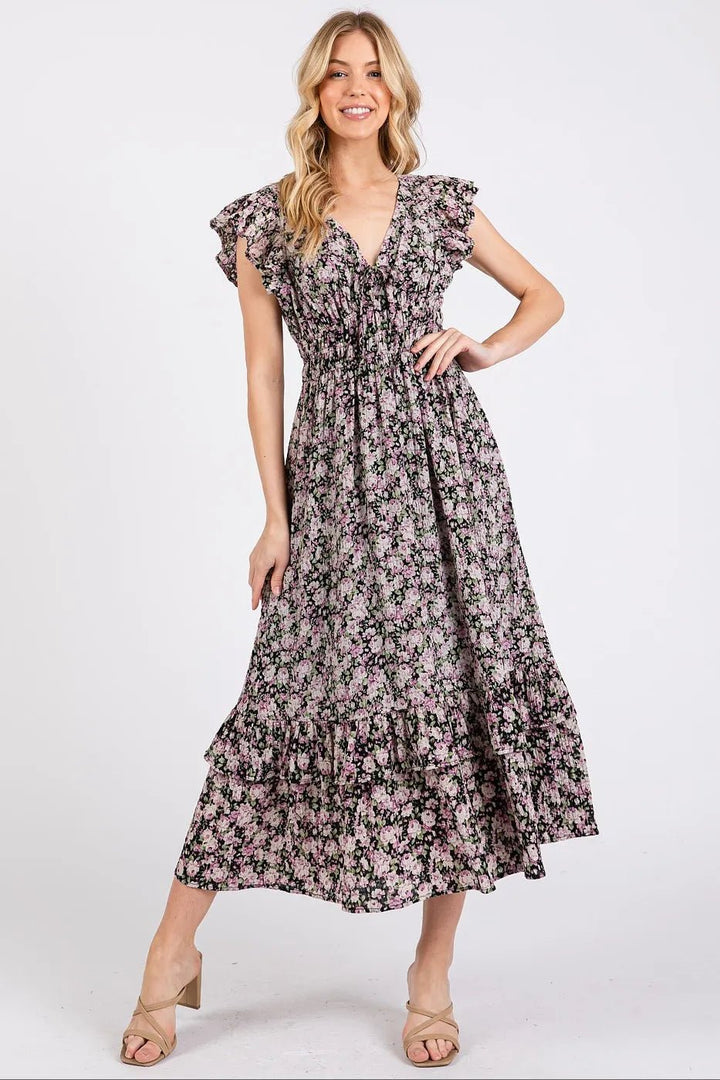 Mittoshop Flower Print Ruffle Cap Sleeve V - neck Midi Dress - VeauBeauty