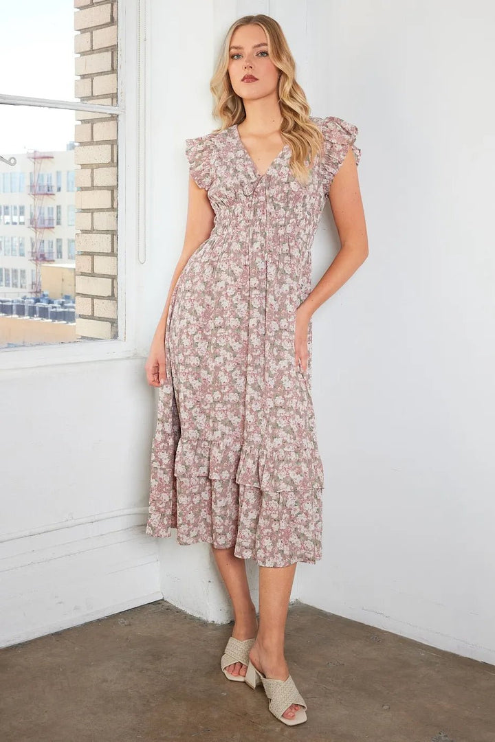 Mittoshop Flower Print Ruffle Cap Sleeve V - neck Midi Dress - VeauBeauty