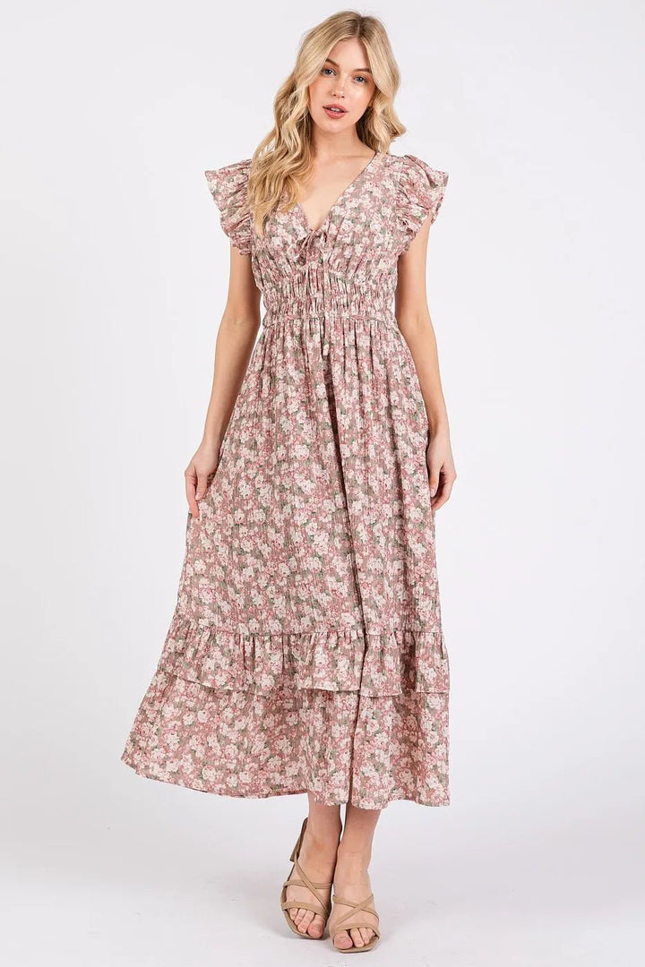 Mittoshop Flower Print Ruffle Cap Sleeve V - neck Midi Dress - VeauBeauty